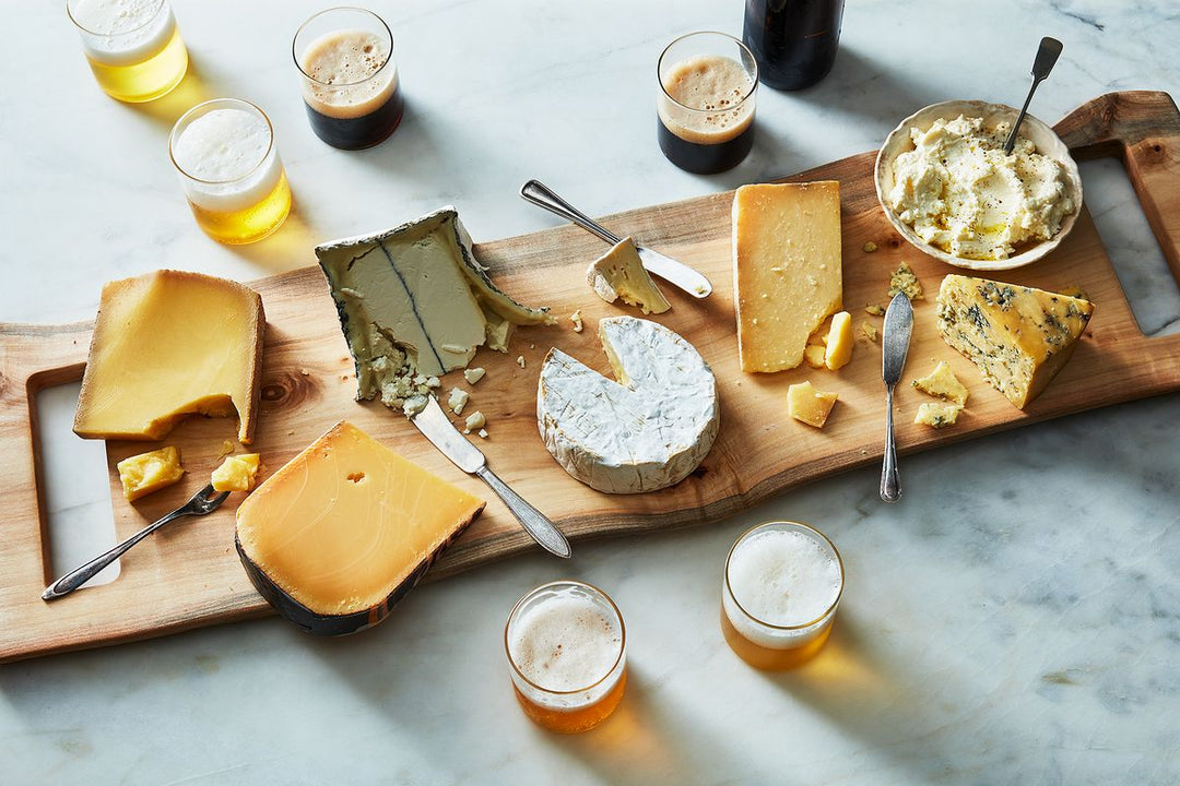 A styled gourmet cheese board